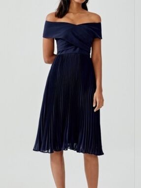 Love Bonito Navy Off Shoulder Pleated Dress XL Elegant Formal Wedding Guest